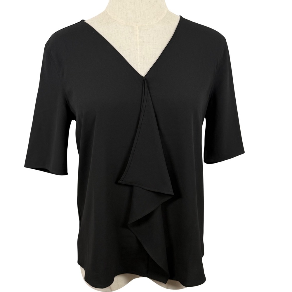 Ann Taylor Womens S Blouse Black Ruffle Front V‎ Neck Mixed Media Officecore EUC